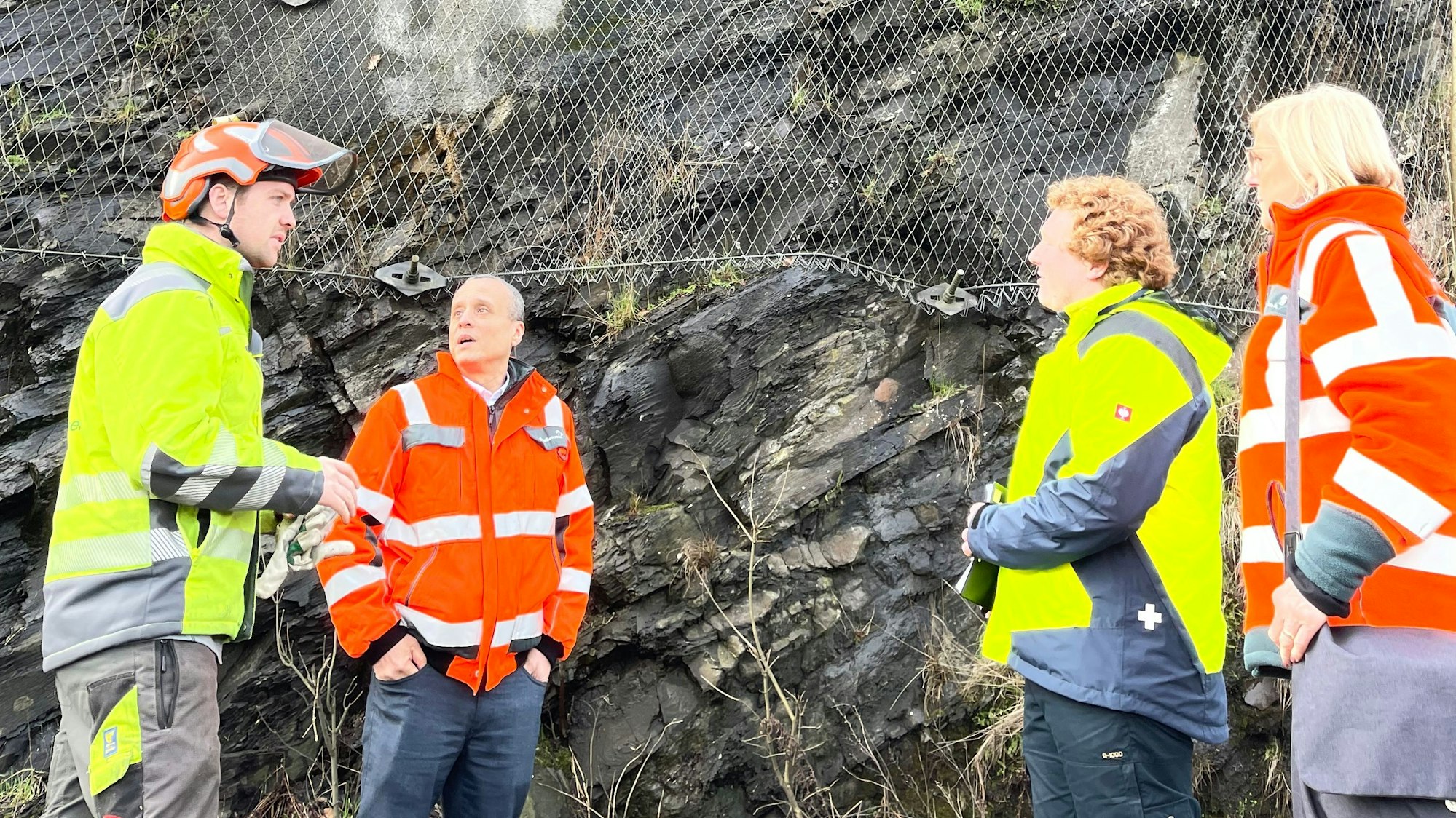 Drei Männer und eine Frau in Arbeitskleidung stehen vor einem mit einem schweren Stahlnetz gesicherten Fels.