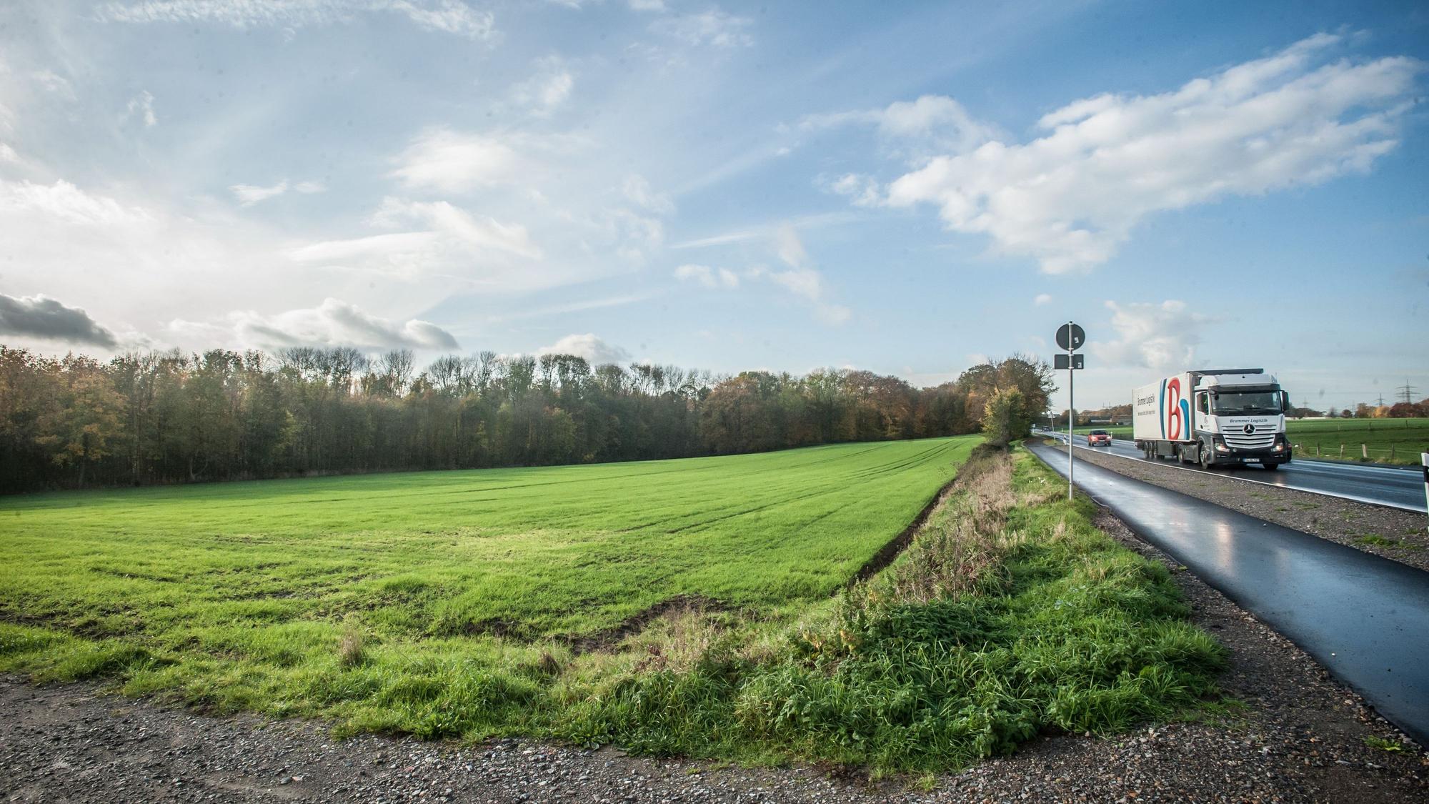Die Grünfläche An den Heunen, auf der Straße fährt ein Lkw.