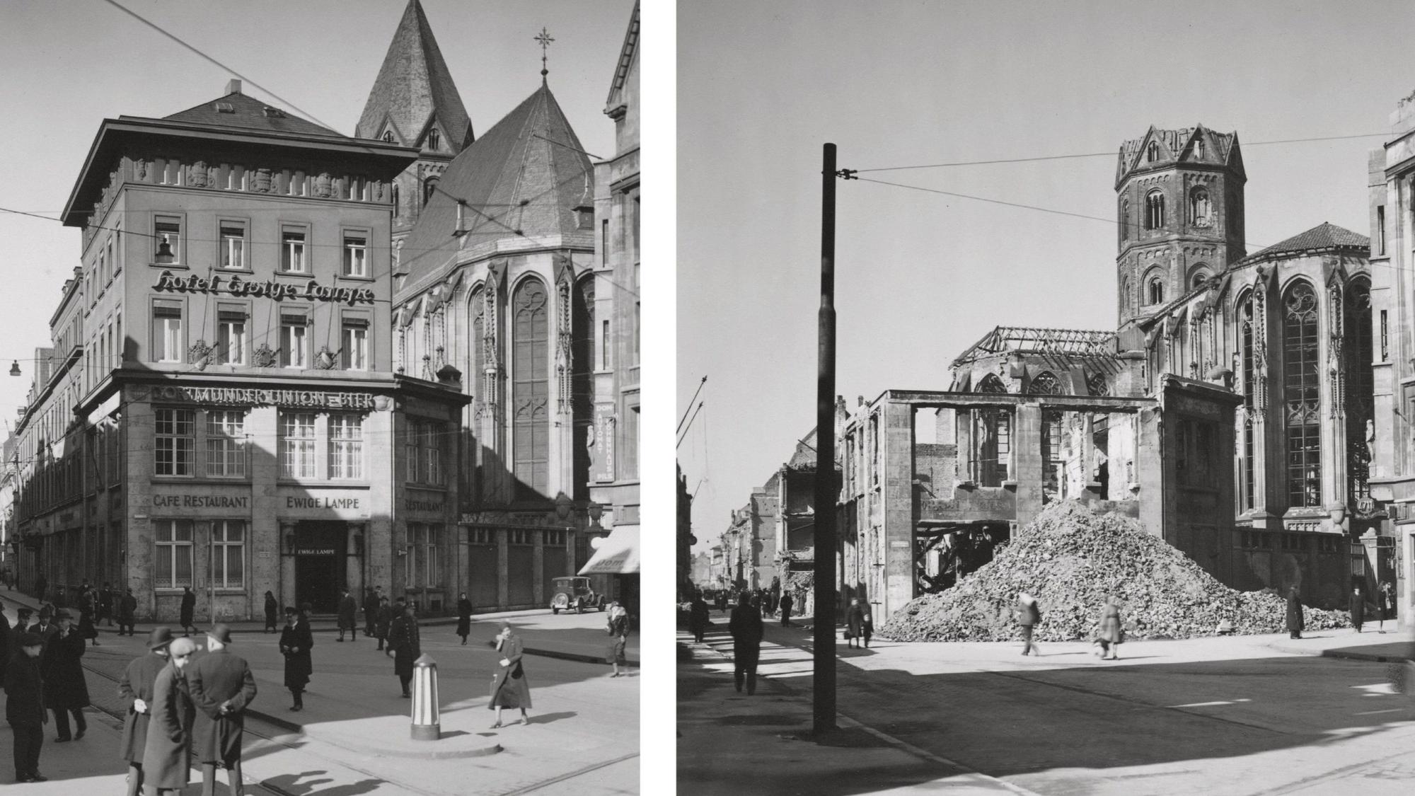 Blick auf eine romanische Kirche in Köln, einmal vor dem Krieg und einmal danach.