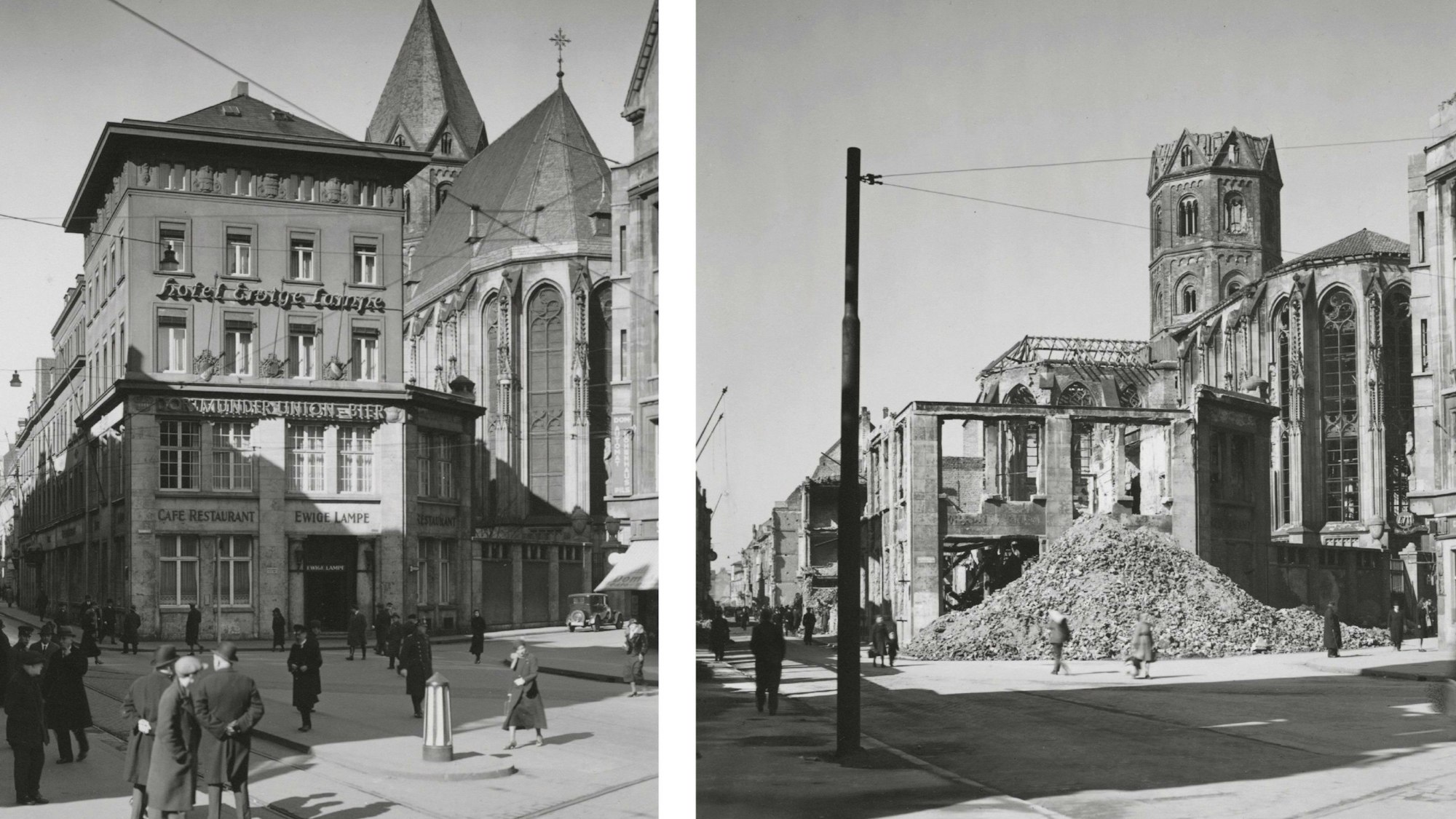 Blick auf eine romanische Kirche in Köln, einmal vor dem Krieg und einmal danach.
