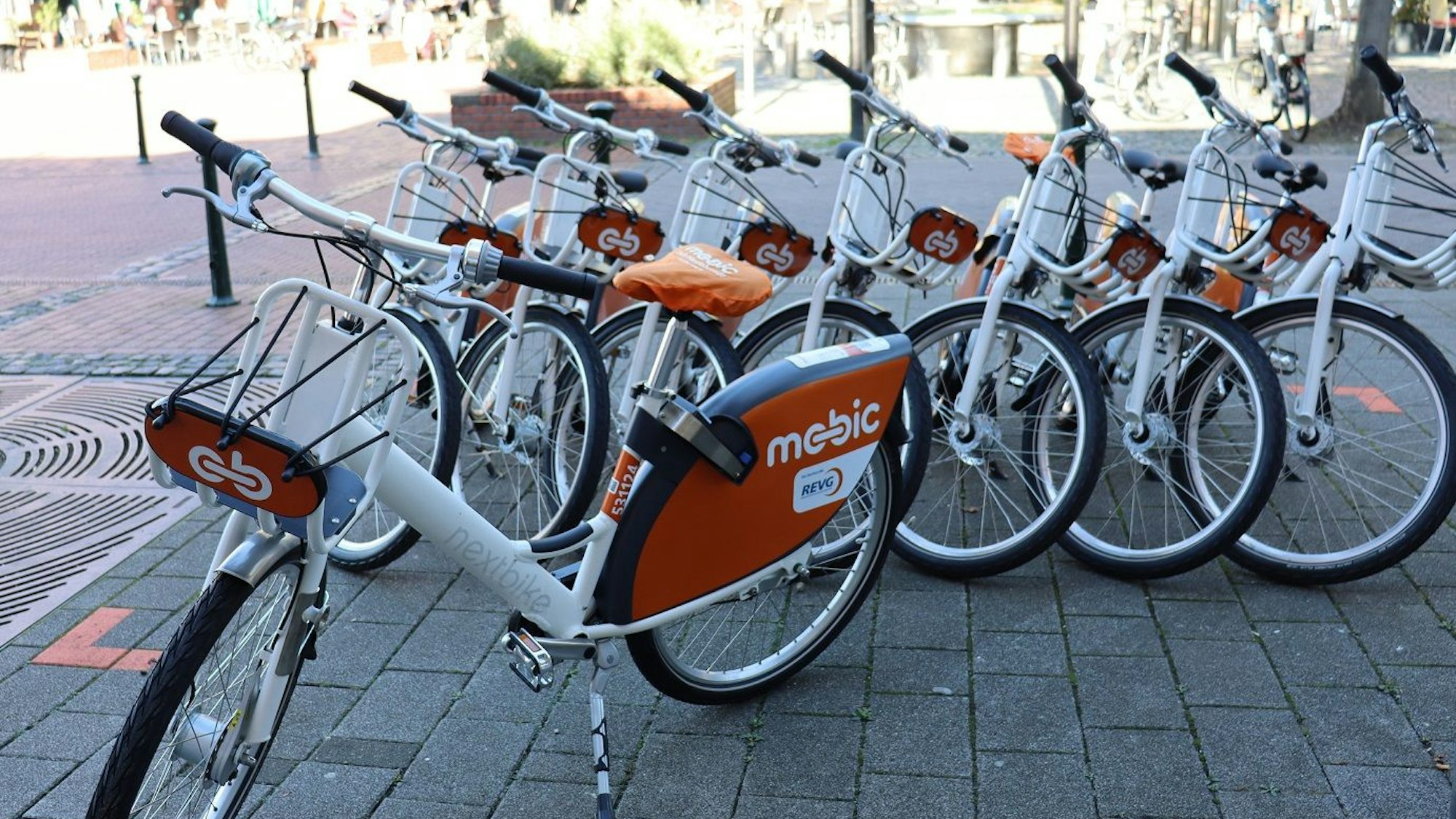 Man sieht E-Bikes, die in einer Reihe abgestellt sind.