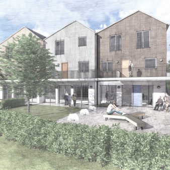 Auf einer gezeichneten Grafik ist ein Neubaugebiet, bestehend aus mehreren Häusern, zu sehen. Davor sind grüne Wiesengrundstücke.