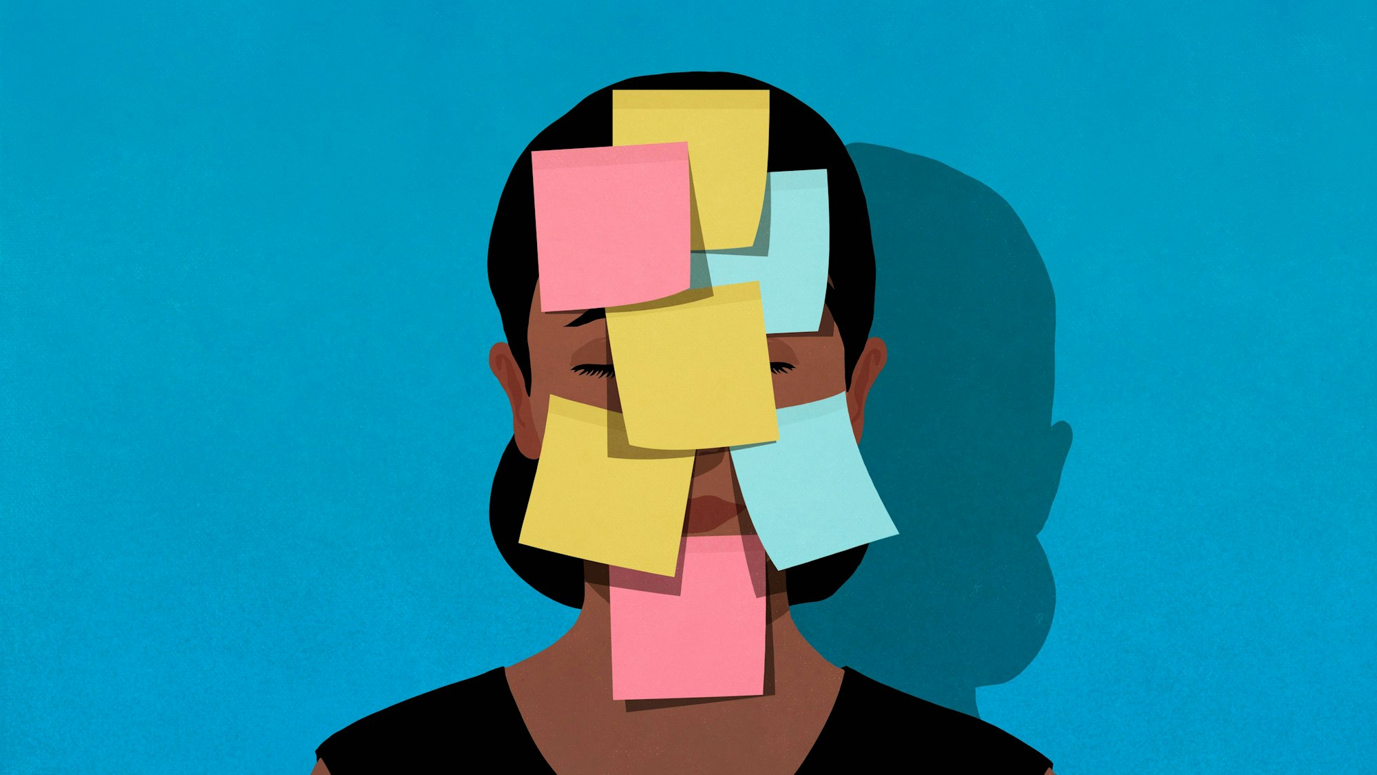 Bunte Post-its kleben im Gesicht einer Frau, die die Augen geschlossen hat.