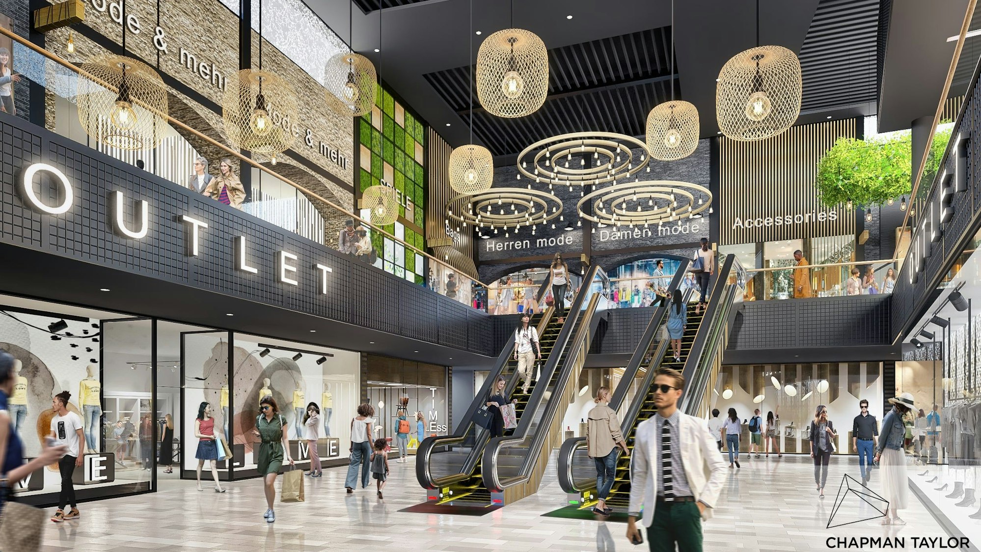 Große Fensterfronten, helle Beleuchtung: Visualisierung des Huma Outlets.