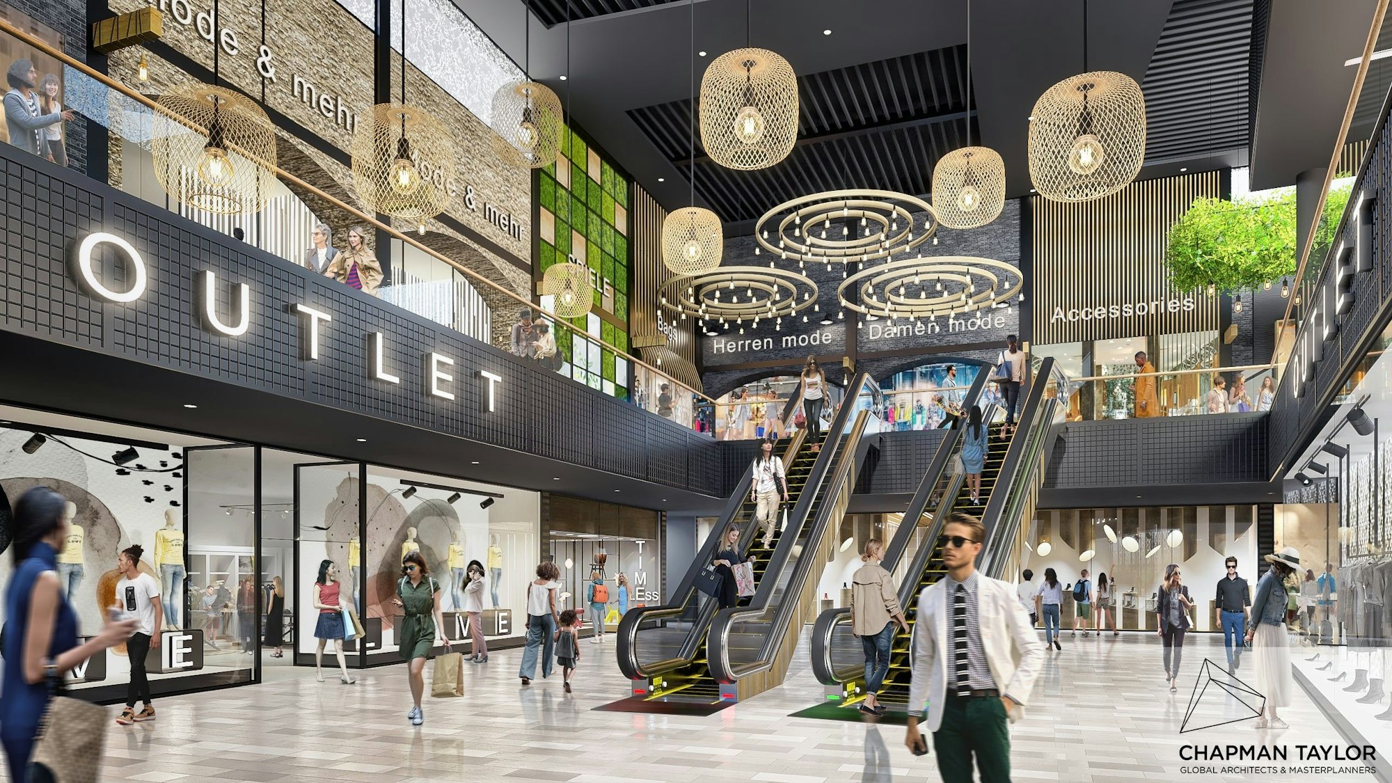 Moderne Lampen und viele Glasflächen kennzeichnen die neue Outlet-Ebene im Huma.