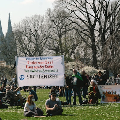 Demonstranten im Rheinpark bei gutem Wetter – Im Hintergrund der Kölner Dom