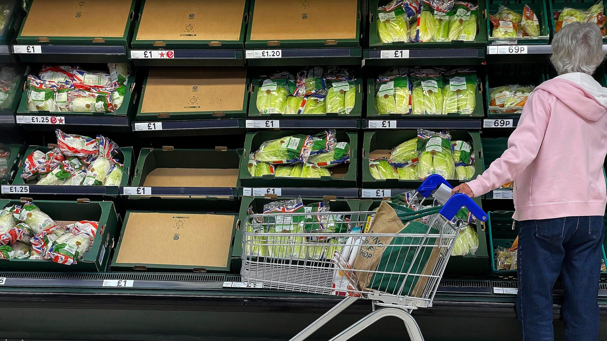 Eine Frau steht vor teilweise leeren Gemüse-Regalen in einem Supermarkt. Großbritannien muss sich nach Angaben seiner heimischen Bauern um Lebensmittel aus heimischer Produktion zunehmend Sorgen machen. (Archivbild)