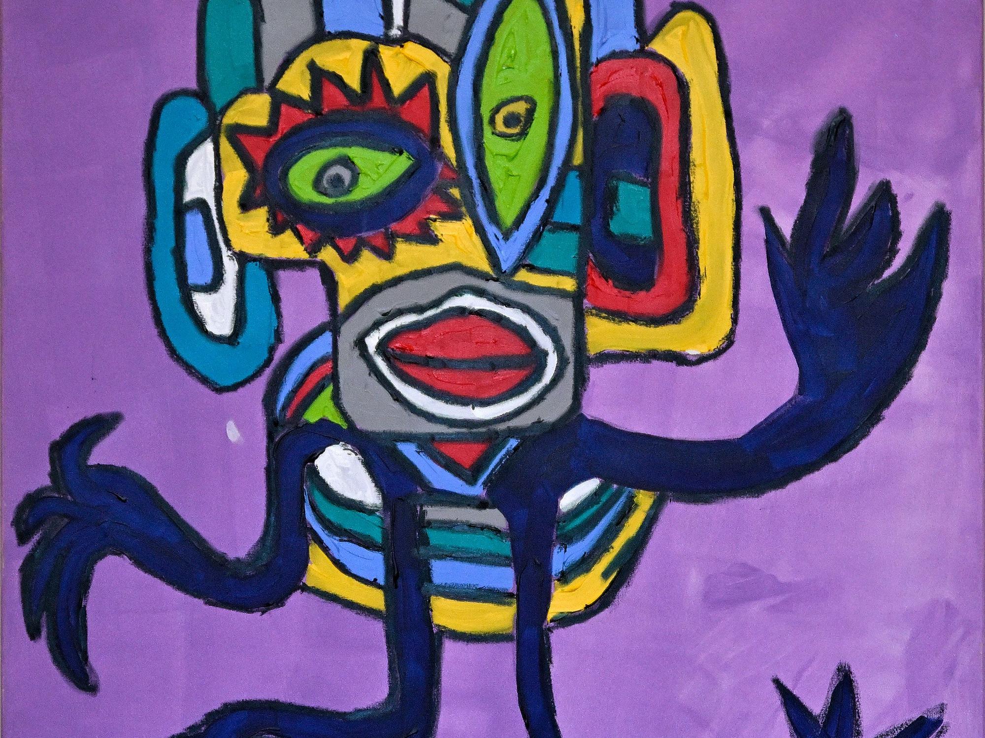 Das Bild einer abstrakten Figur wurde auf einen lila Huntergrund gemalt.