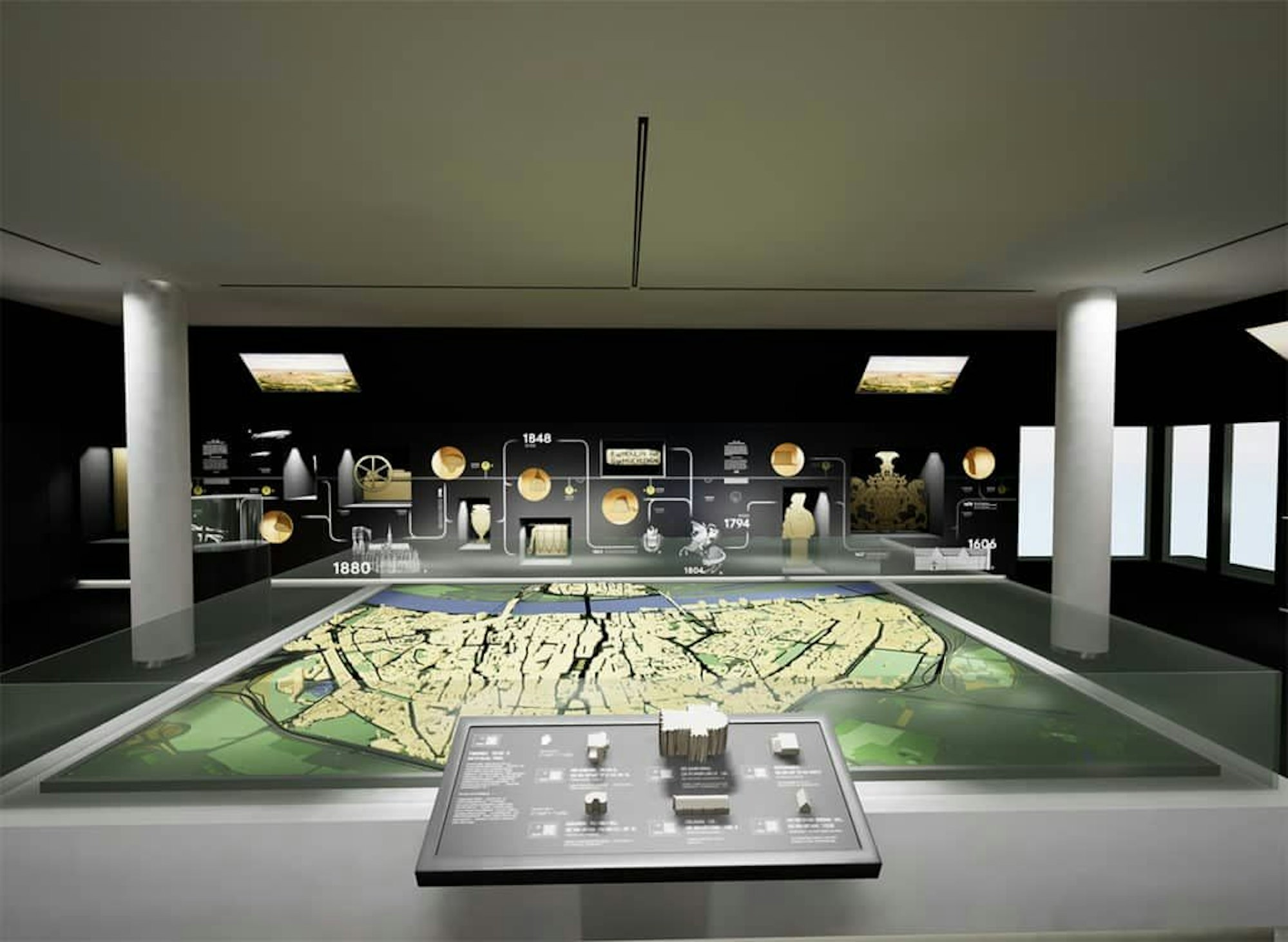 Der Auftaktraum mit dem historischen Stadtmodell und anderen Exponaten im virtuellen Museum. (Screenshot VR-Anwendung)