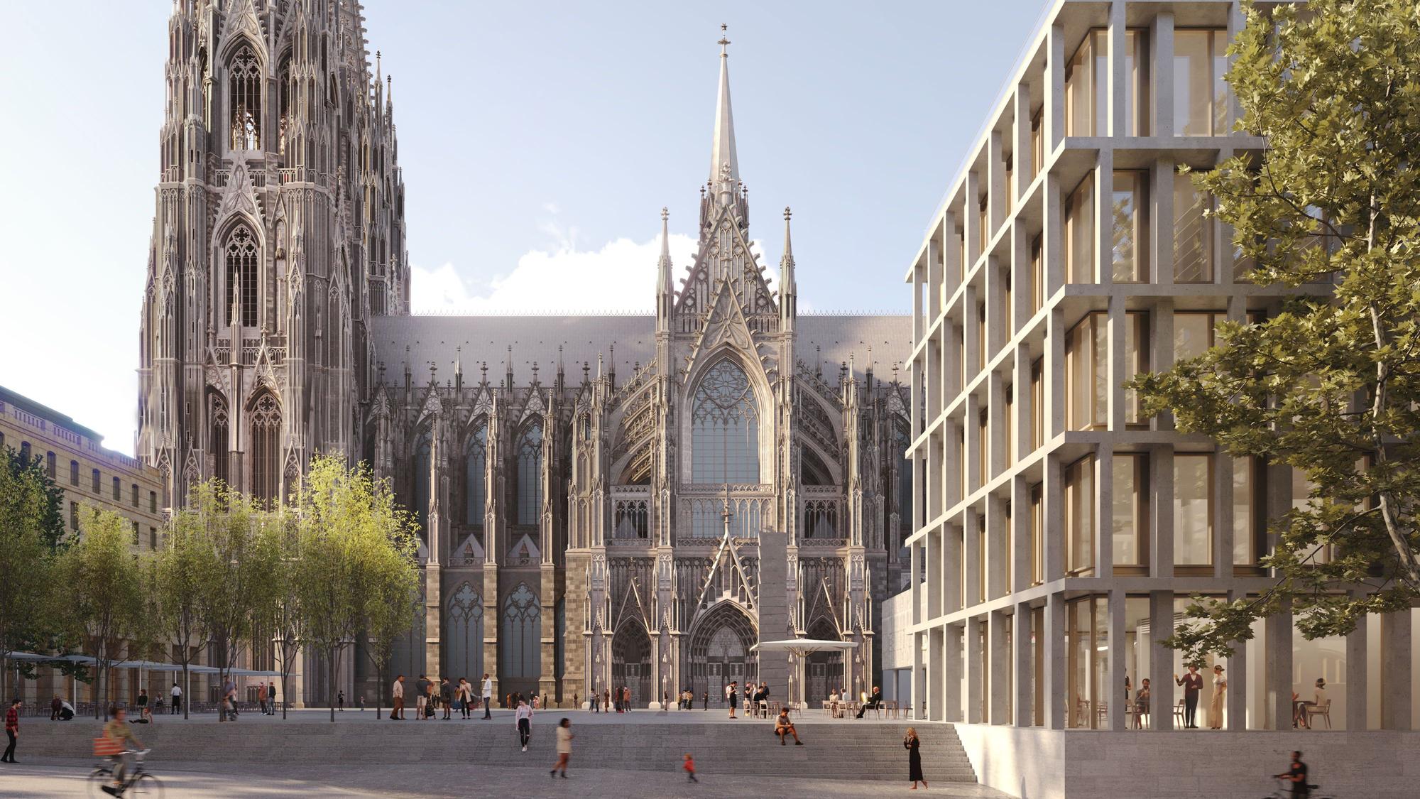 Das Bild zeigt den Blick auf den Kölner Dom und den Roncalliplatz sowie das neu geplante Bürohaus.