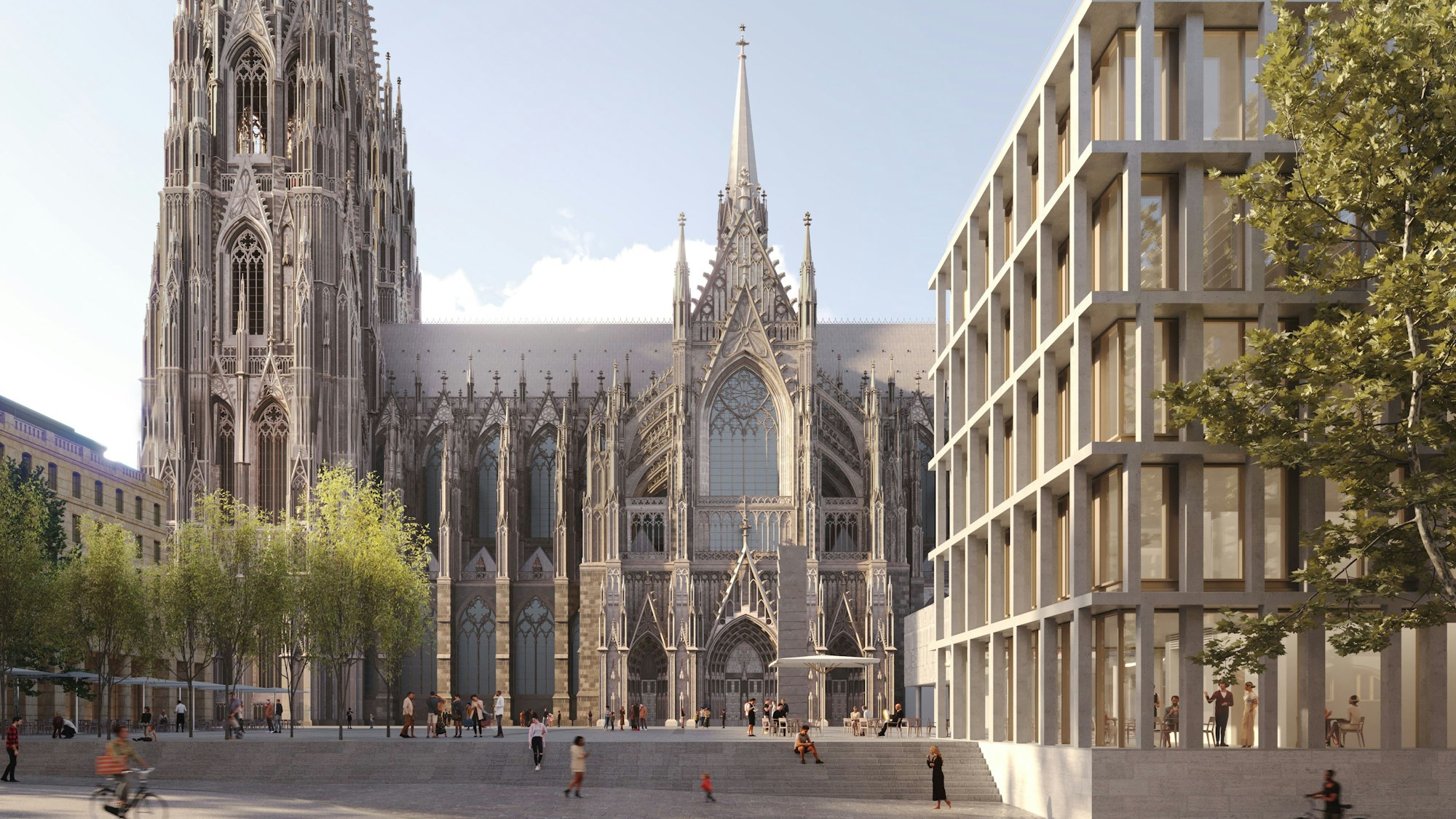 Das Bild zeigt den Blick auf den Kölner Dom und den Roncalliplatz sowie das neu geplante Bürohaus.