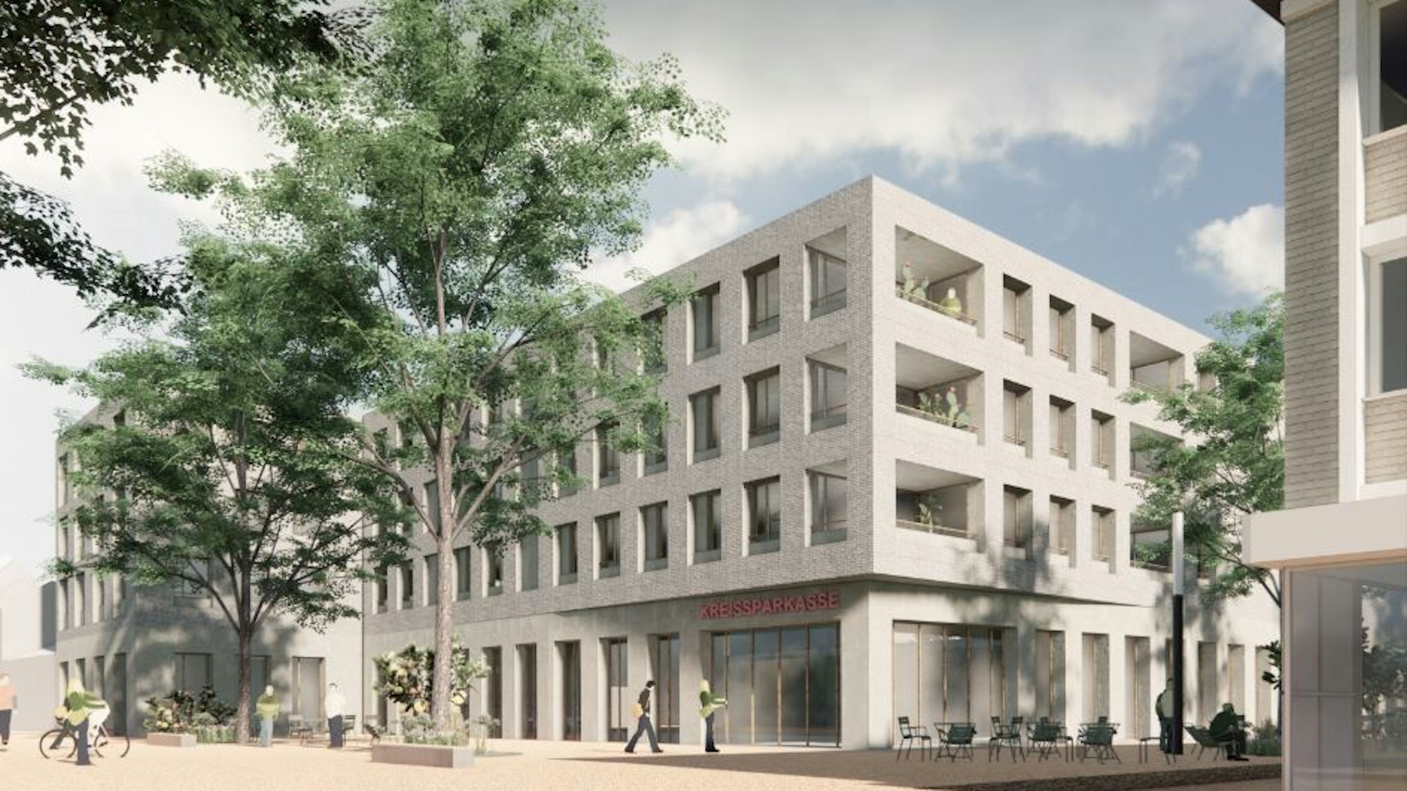 Visualisierung des Neubaus. Ein helles Gebäude, umgeben von Bäumen.