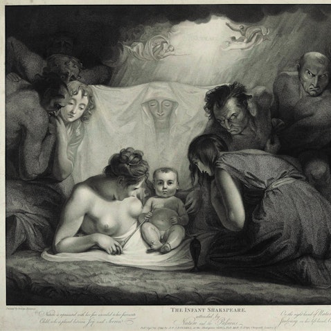 Der Kupferstich von Benjamin Smith nach George Romney von 1799 zeigt Shakespeare als Knaben, umsorgt von Mutter Natur und allegorischen Darstellungen der Leidenschaften. Das Bild ist schwarz-weiß.