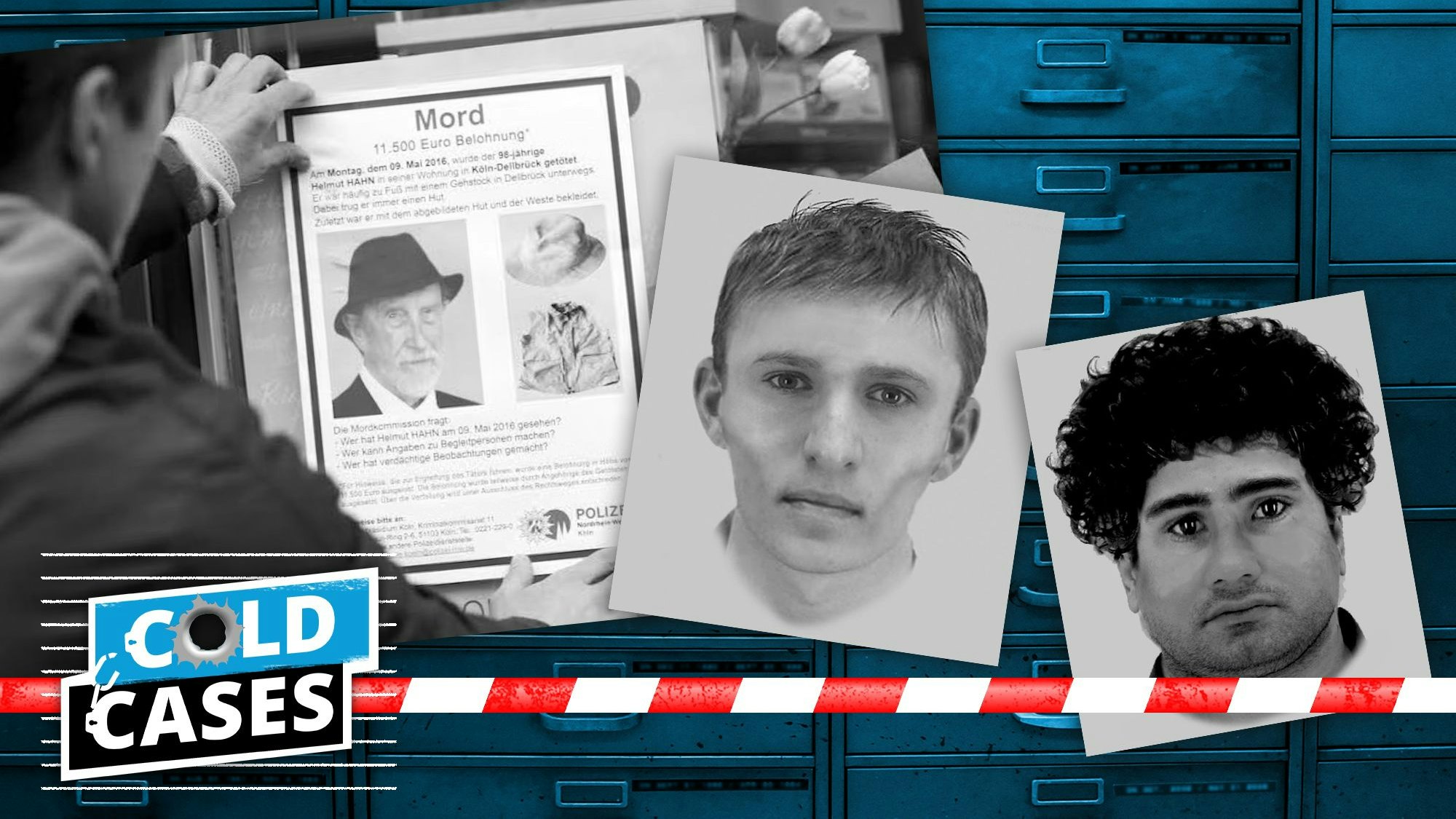 Ein Polizist hängt das Fahndungsplakat im Fall Hahn in Dellbrück auf. Daneben sind in einer Collage die Phantombilder der beiden Gesuchten zu sehen.