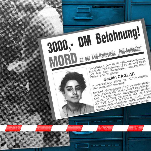 Zwei Bestatter tragen den Leichnam von Seckin Caglar weg. In einer Collage ist daneben ein Fahndungsplakat von 1991 zu sehen.