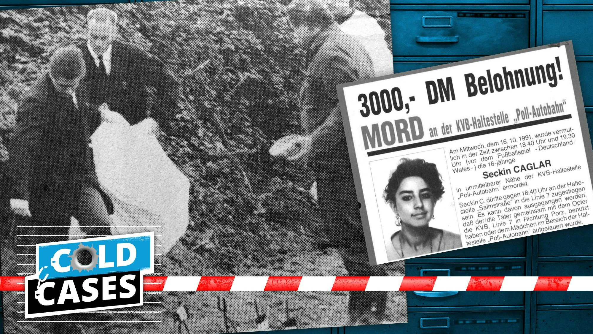 Zwei Bestatter tragen den Leichnam von Seckin Caglar weg. In einer Collage ist daneben ein Fahndungsplakat von 1991 zu sehen.