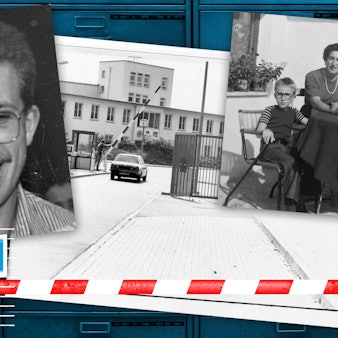 Collage aus einem Porträtfoto von Norbert Stolz, einem alten Familienfoto mit  Stolz, seinen Eltern und einem Bruder sowie der Einfahrt zur Kaserne Butzweilerhof