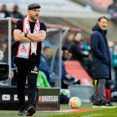 Kölns Trainer Steffen Baumgart trägt einen Jubiläumsschal an der Seitenlinie.