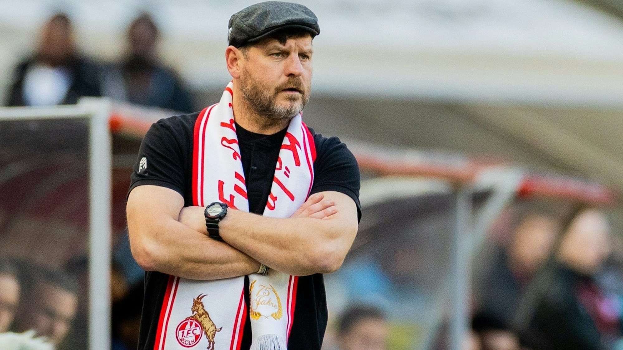 Kölns Trainer Steffen Baumgart trägt einen Jubiläumsschal an der Seitenlinie.