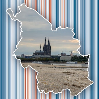 Die Grafik zeigt Temperaturabweichungen zum jährlichen Mittelwert und im Umriss von Köln ein Bild des Rheins mit Niedrigwasser und dem Kölner Dom.