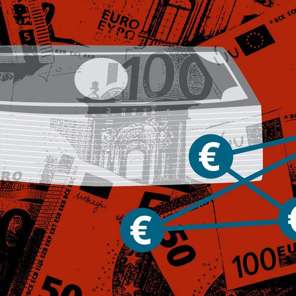 Mit Euro-Zeichen symbolisierte Finanzströme werden vor rot eingefärbten Geldscheinen gezeigt.
