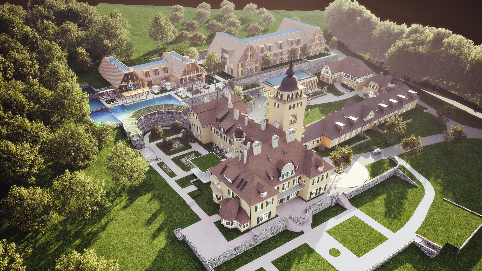 Schloss Lerbach mit zweitem Hotelbau auf ehemaligem Parkplatz aus der Vogelperspektive gesehen.