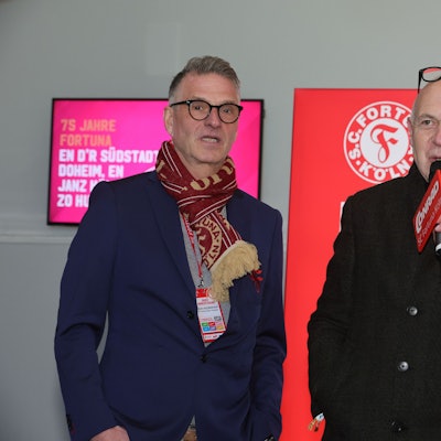 SC Fortuna Köln vs. 1. FC Bocholt, 4.Liga, von links: Fortuna-Präsident Hanns-Jörg Westendorf    
DFB-Präsident Bernd Neuendorf, 03.03.2023, Bild: Herbert Bucco