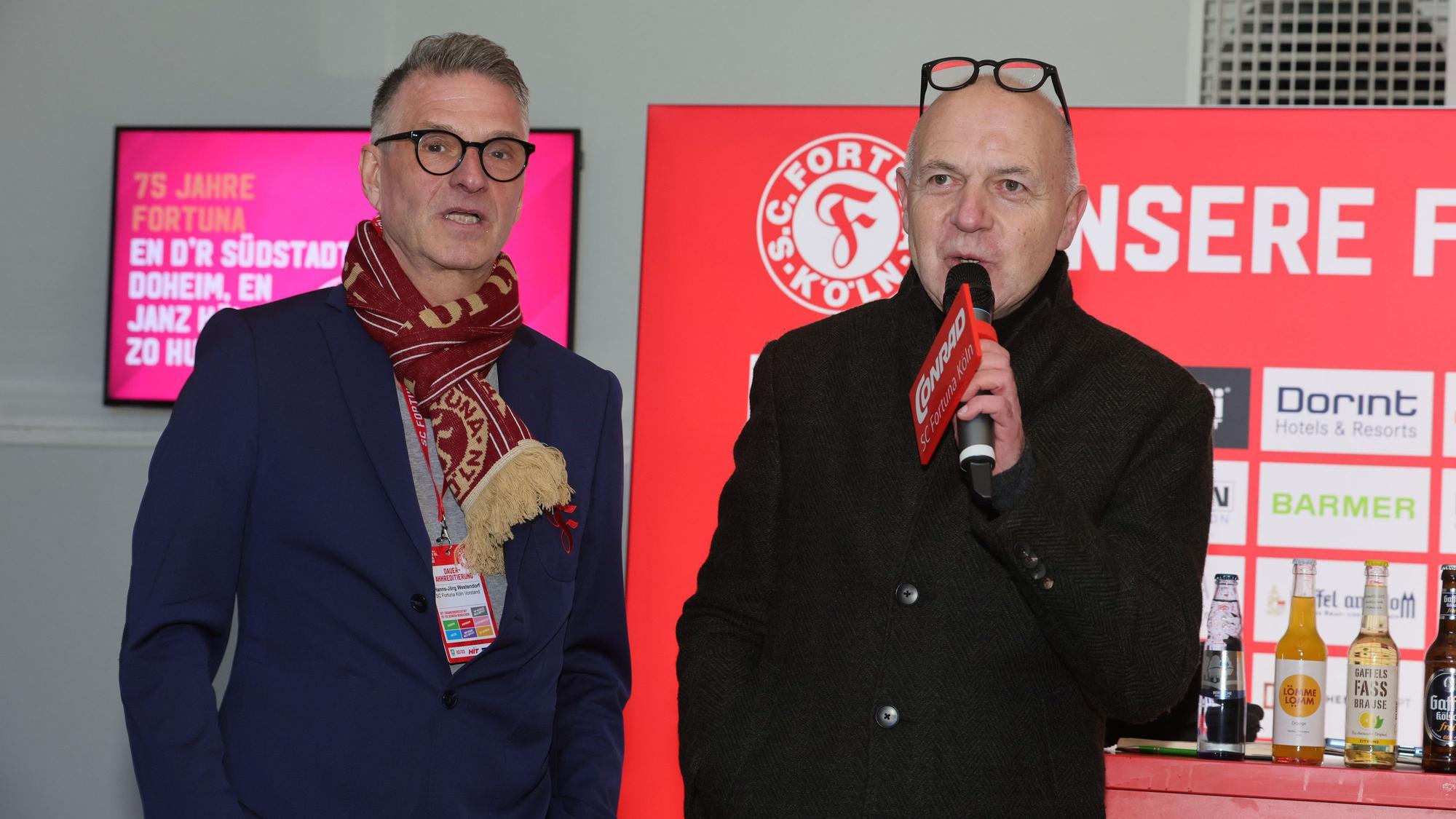 SC Fortuna Köln vs. 1. FC Bocholt, 4.Liga, von links: Fortuna-Präsident Hanns-Jörg Westendorf
DFB-Präsident Bernd Neuendorf, 03.03.2023, Bild: Herbert Bucco