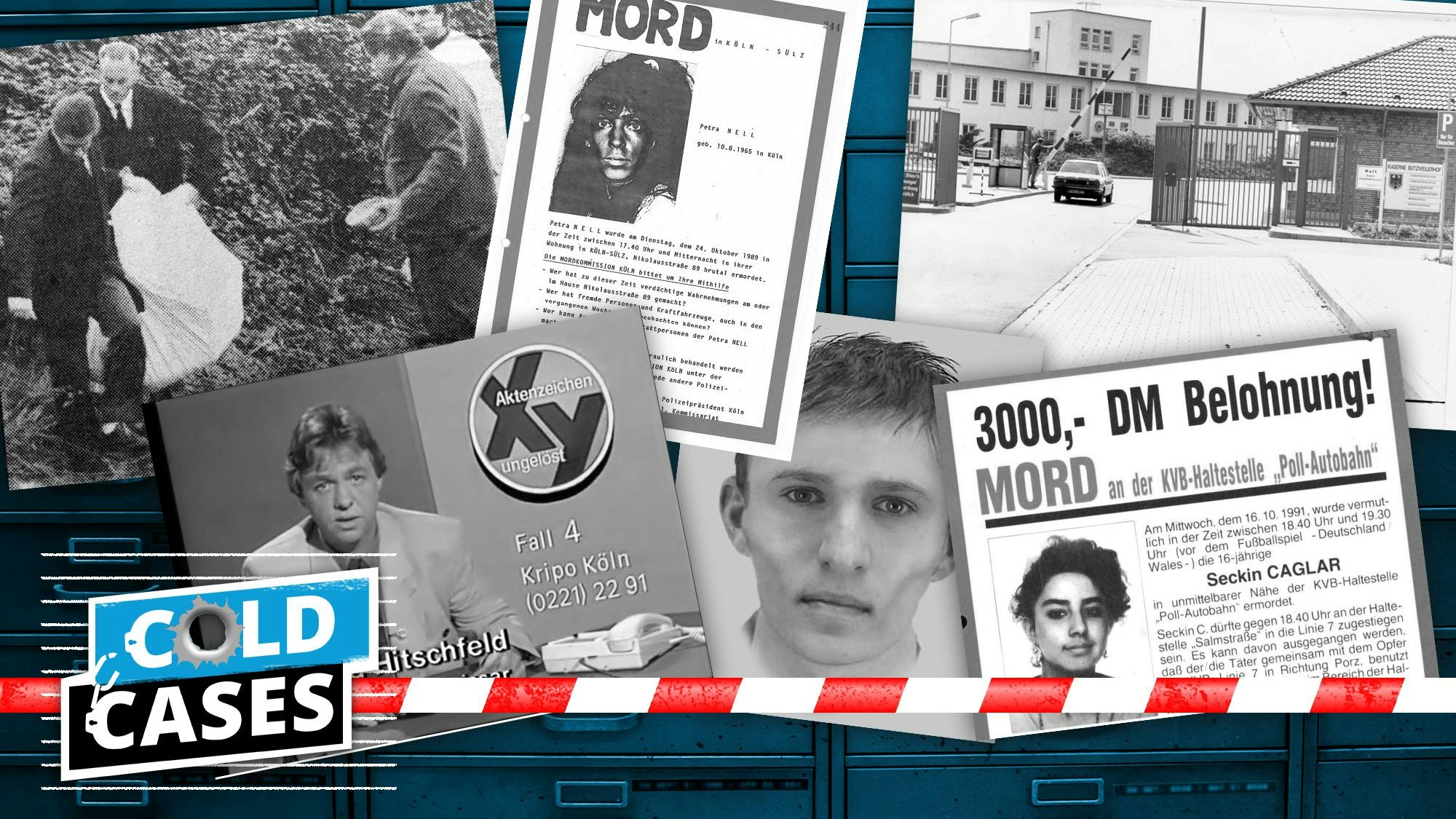 Eine Collage zeigt Motive zu mehreren Cold Cases, an denen die Kölner Polizei arbeitet.
