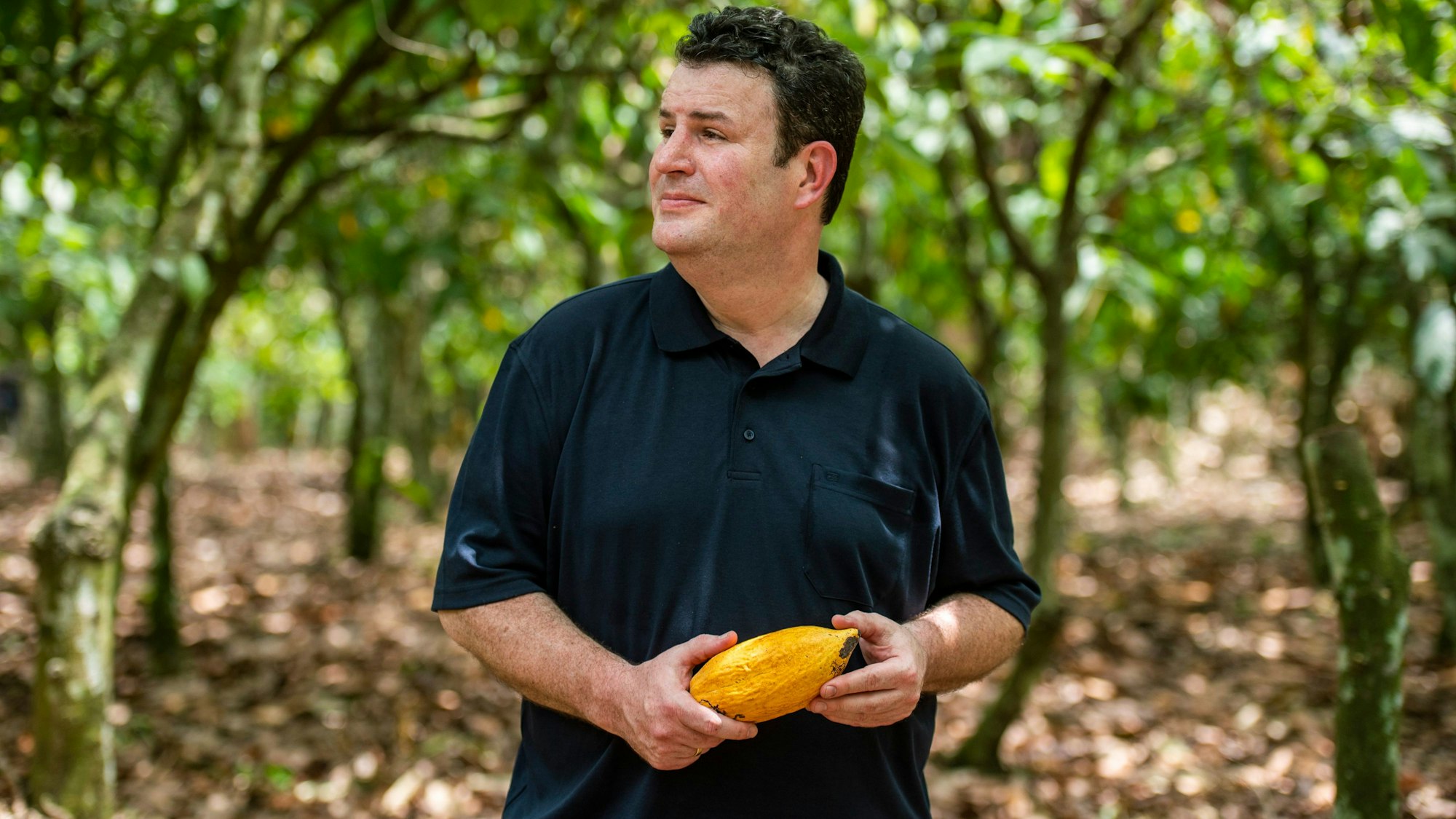 Hubertus Heil (SPD) mit reifer Kakaoschote auf einer Kakaoplantage an der Elfenbeinküste.