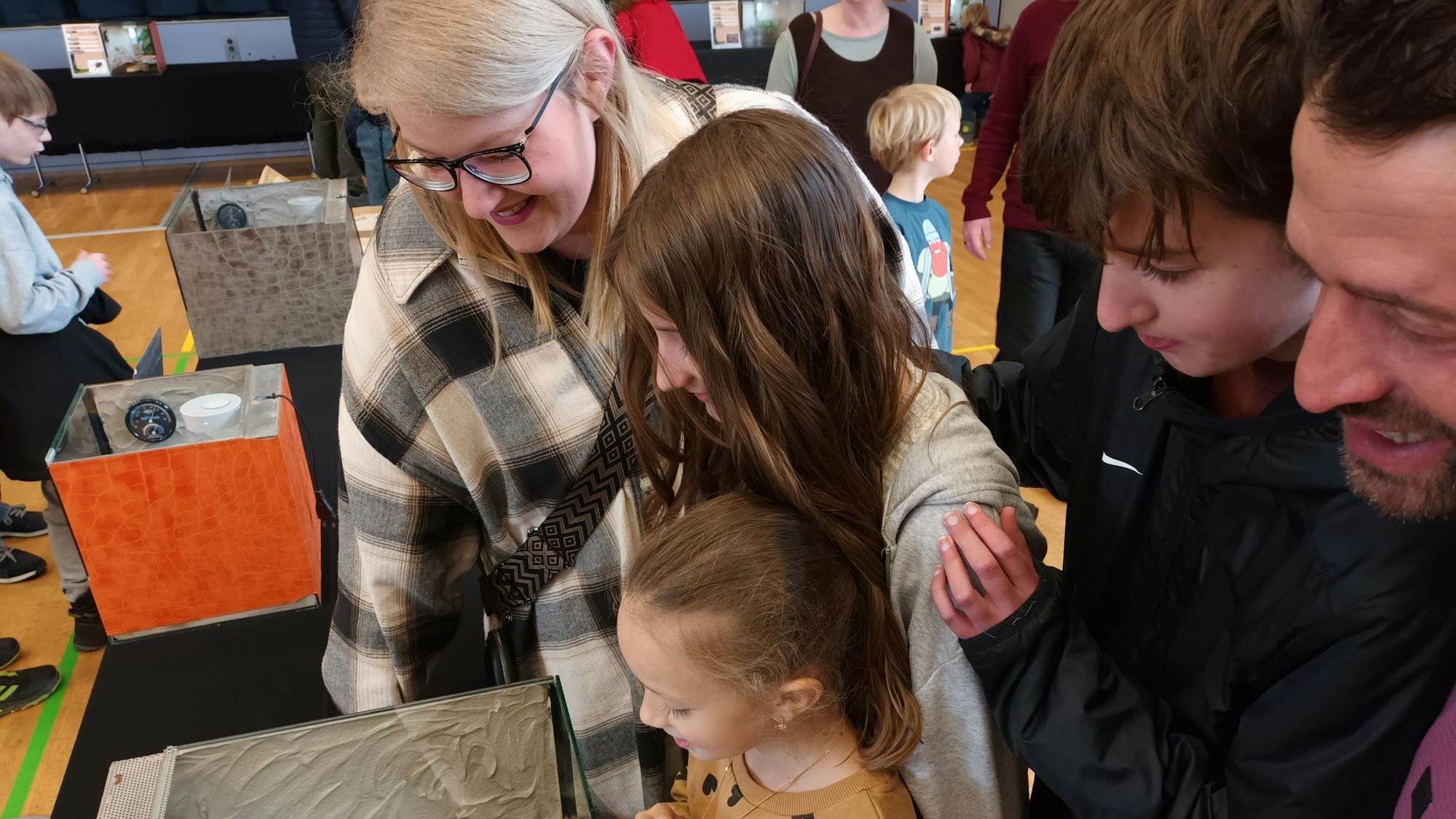 Eine Familie sucht die kleinen Tiere in den Glaskästen.