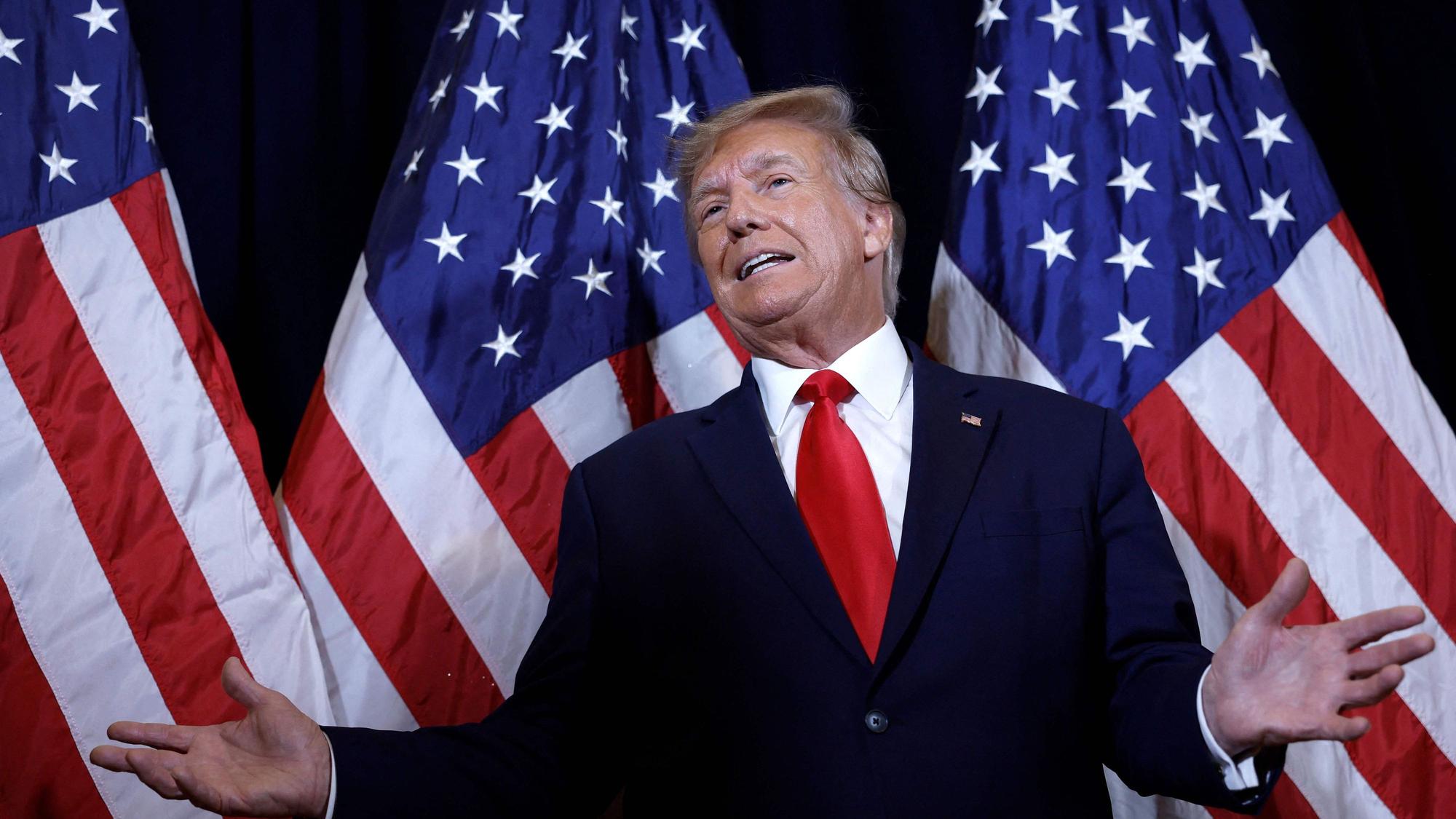Former U.S. President Donald Trump speaks to reporters before his speech at the annual Conservative Political Action Conference (CPAC) at Gaylord National Resort & Convention Center on March 4, 2023 in National Harbor, Maryland. Trump took questions from reporters over a range of topics including on the progress of his campaign and his opinions on the war in Ukraine. Conservatives gathered at the four-day annual conference to discuss the agenda of the Republican Party.