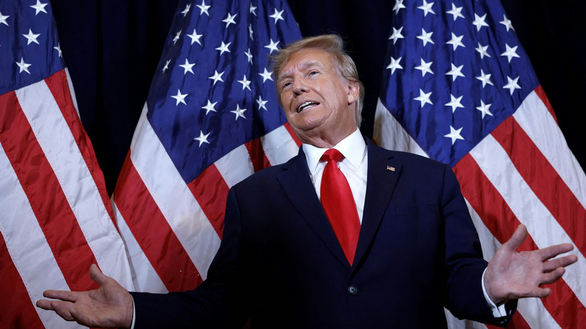 Former U.S. President Donald Trump speaks to reporters before his speech at the annual Conservative Political Action Conference (CPAC) at Gaylord National Resort & Convention Center on March 4, 2023 in National Harbor, Maryland. Trump took questions from reporters over a range of topics including on the progress of his campaign and his opinions on the war in Ukraine. Conservatives gathered at the four-day annual conference to discuss the agenda of the Republican Party.