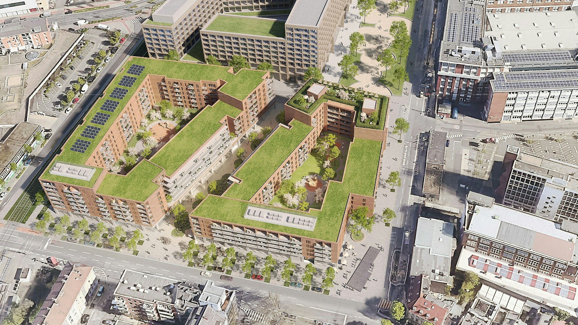 Luftbild des Bauprojekts mit Simulation des Zustands nach Abschluss