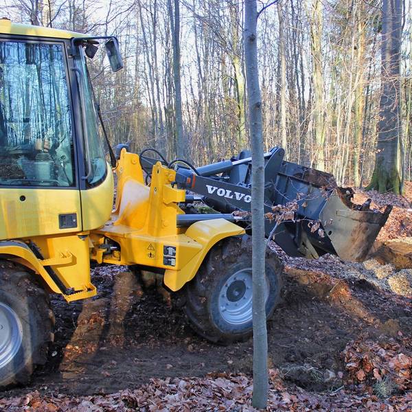Ein Bagger füllt ein Loch im Waldboden.