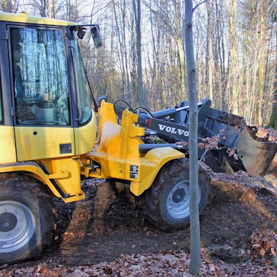 Ein Bagger füllt ein Loch im Waldboden.