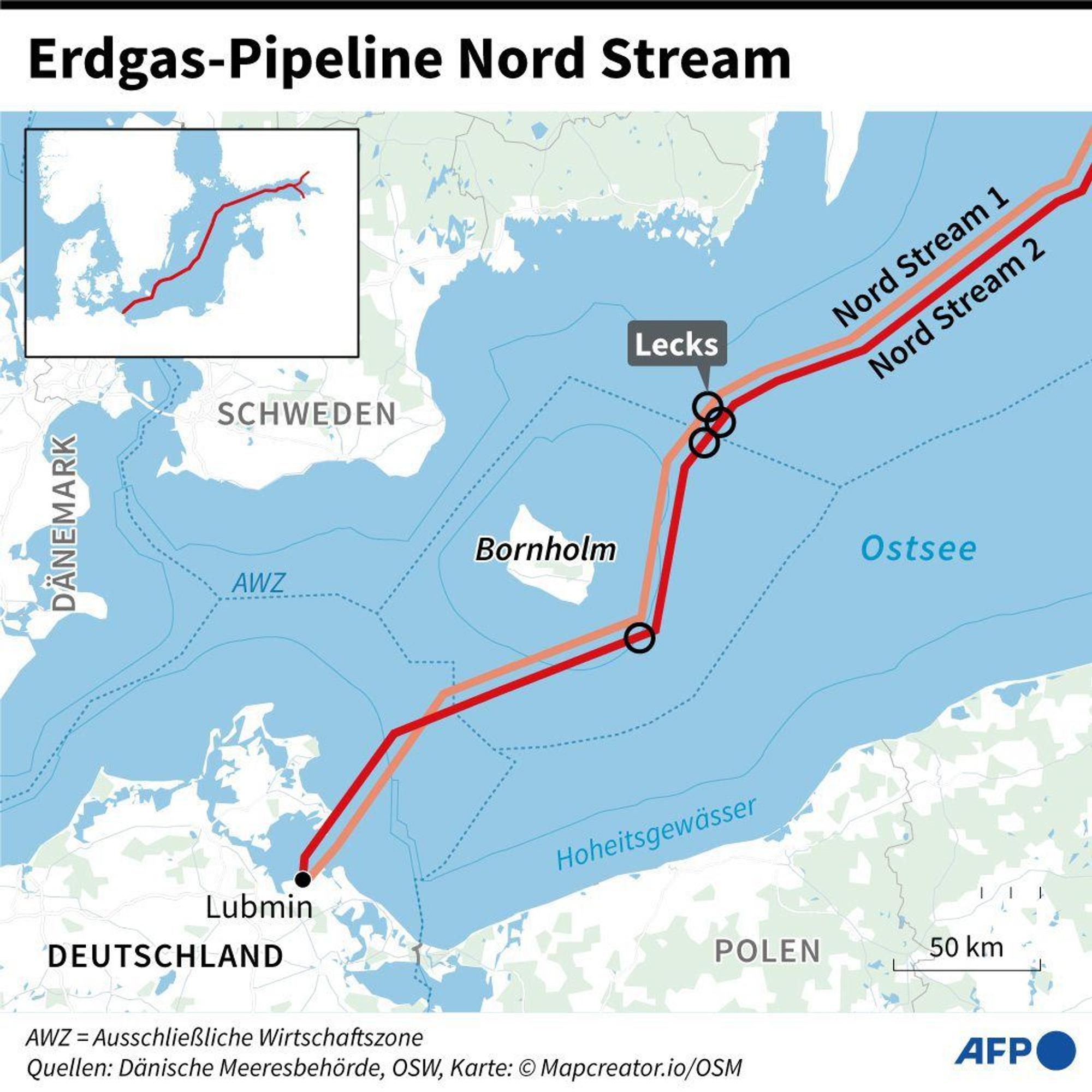 Die Karte zeigt den Verlauf von Nord Stream 1 und 2 in der südlichen Ostsee und der Lokalisierung der Lecks.