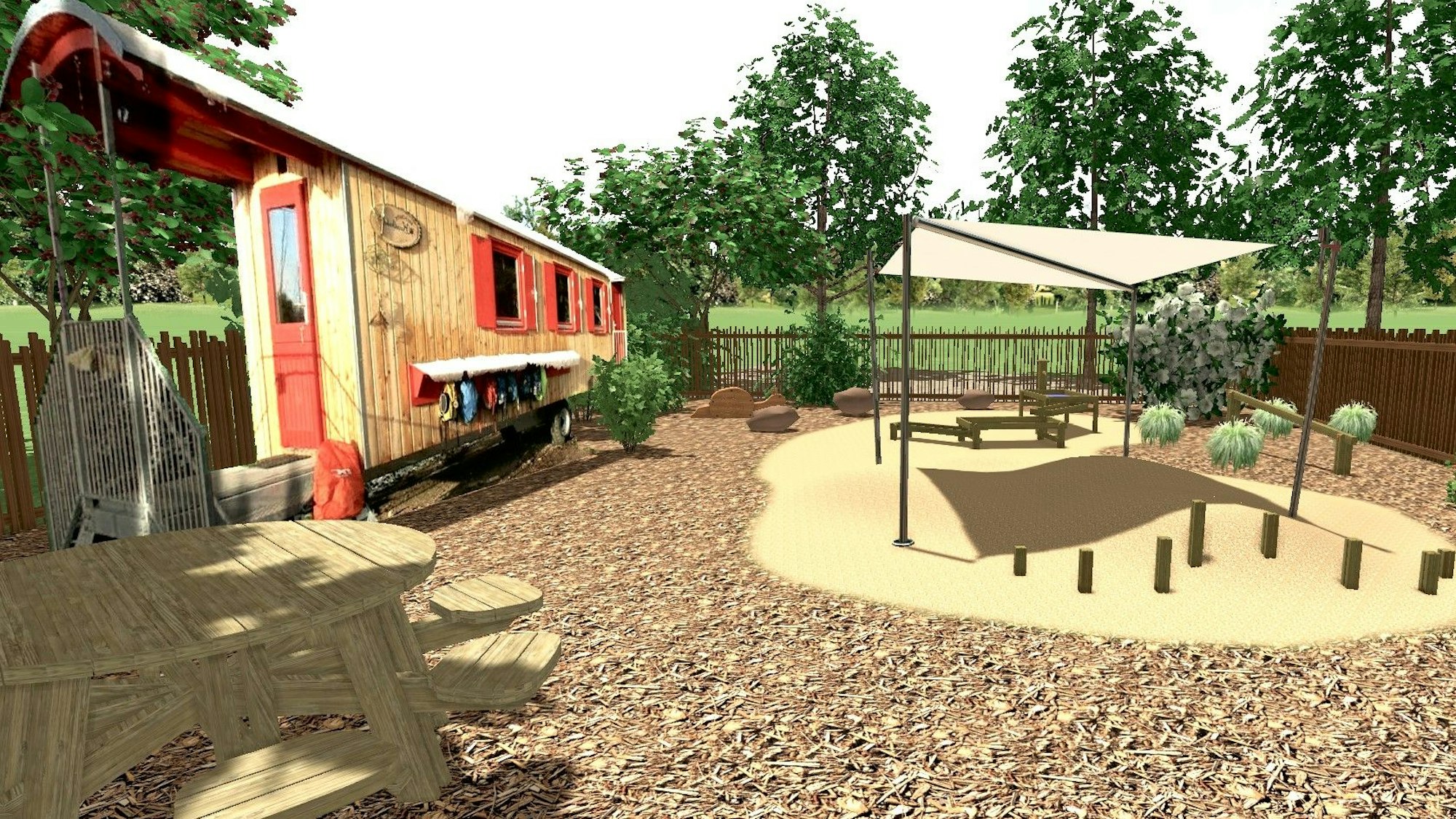 So könnte die Waldkita in Klespe aussehen, mit Bauwagen und umzäunten Gelände.