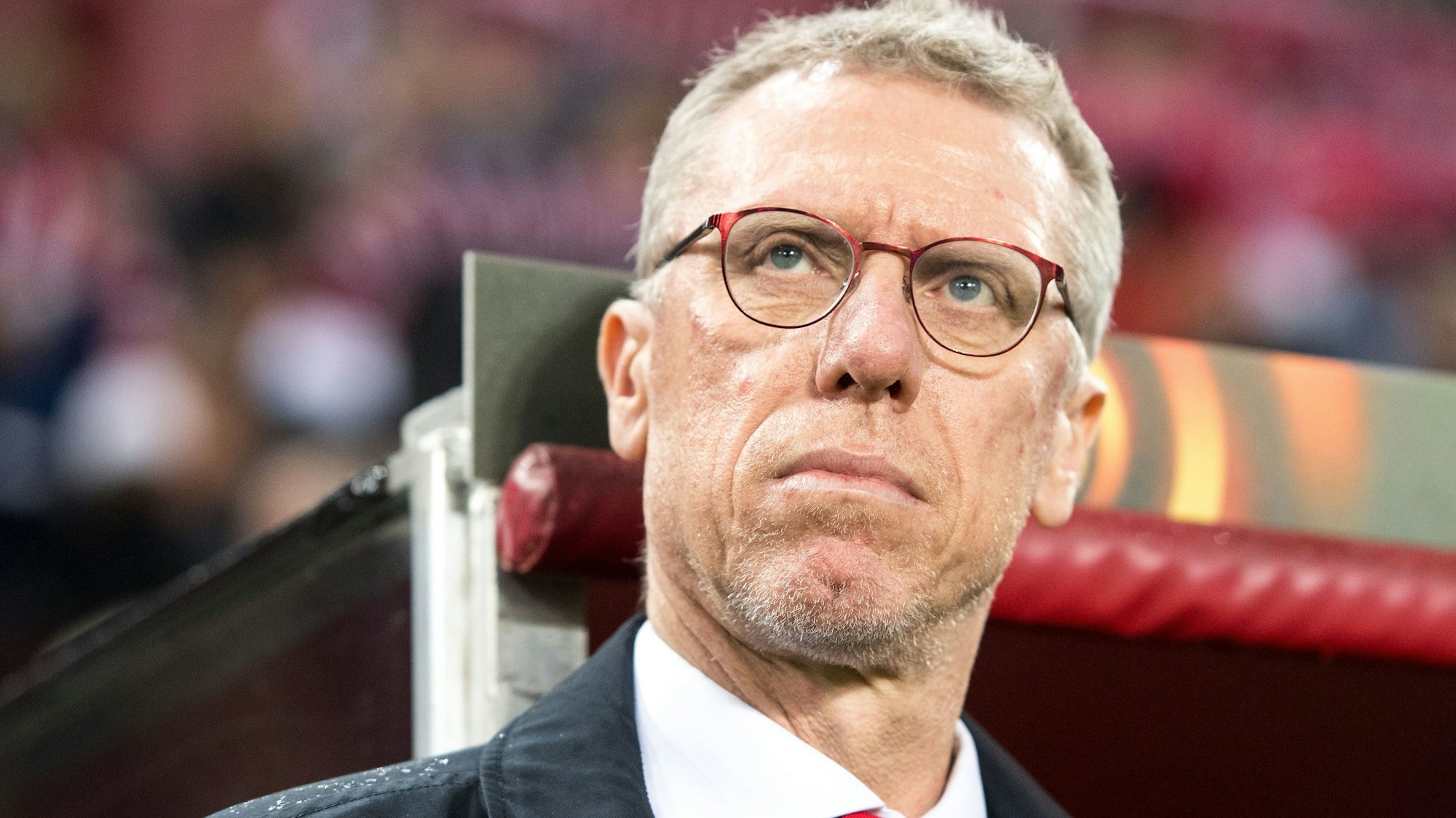 Trainer Peter Stöger blickt als FC-Trainer vor einer Partie in die Runde.