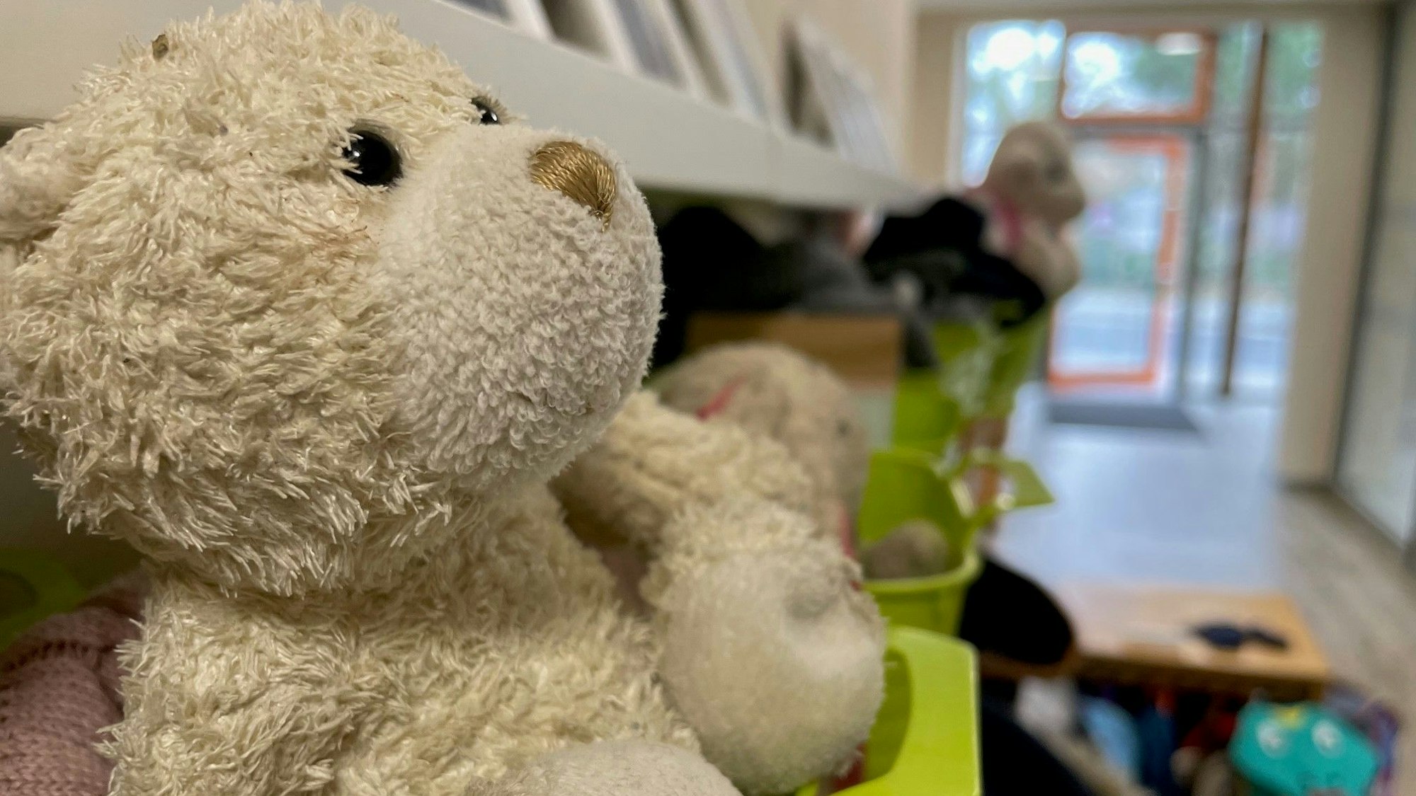 Ein Plüsch-Teddy liegt in einer Kita im Kreis Euskirchen.