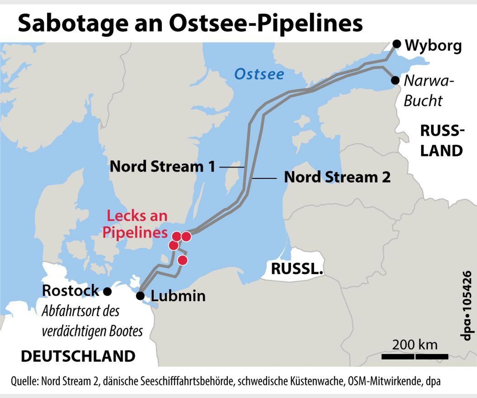 Die Karte zeigt den Verlauf der Erdgas-Pipelines Nord Stream 1 und 2, sowie die Orte der Lecks und dem mutmaßlichen Start des verdächtigen Bootes.
