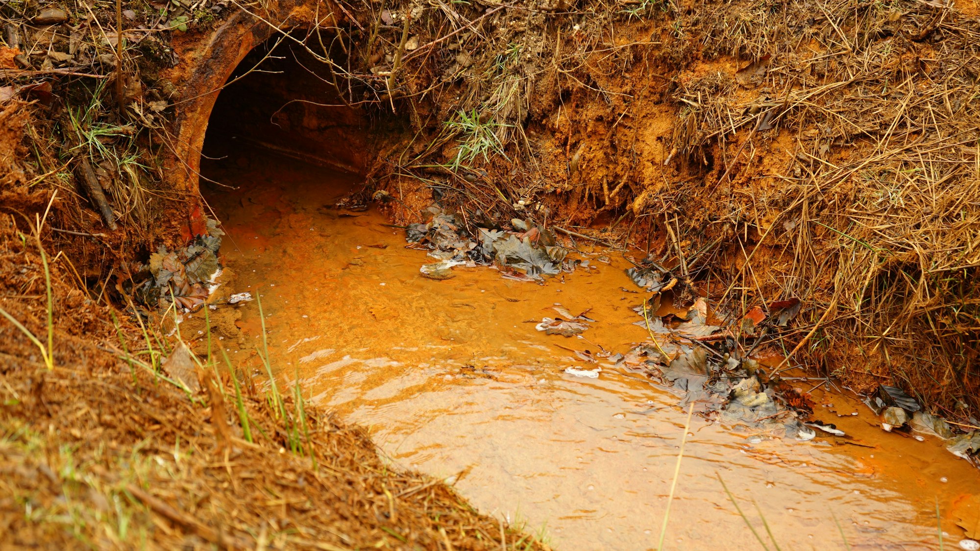 Auf dem Foto ist rot gefärbtes Wasser zu sehen, bedingt durch Eisen- und Schwefelverbindungen, die in ein Rückhaltebecken gelangen.
