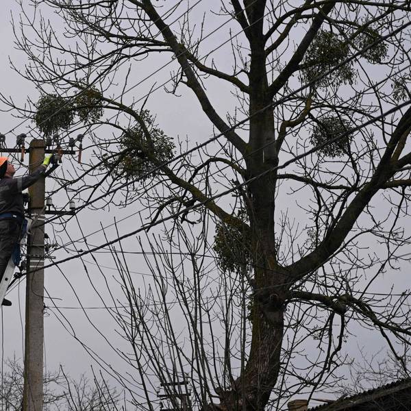 Ein Arbeiter repariert nach einem russischen Angriff eine Stromleitung in einem Dorf in der Nähe der ukrainischen Stadt Lwiw.