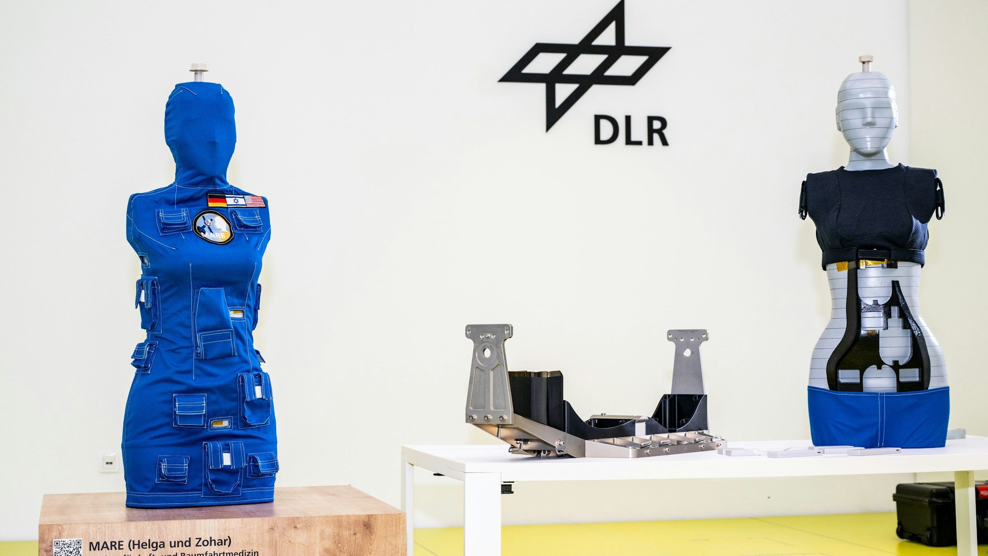 Die beiden Forschungspuppen Helga (l) und Zohar stehen während einer Präsentation in einem Raum.
Diese Puppen sind um den Mond geflogen, um die Strahlung dort zu messen.