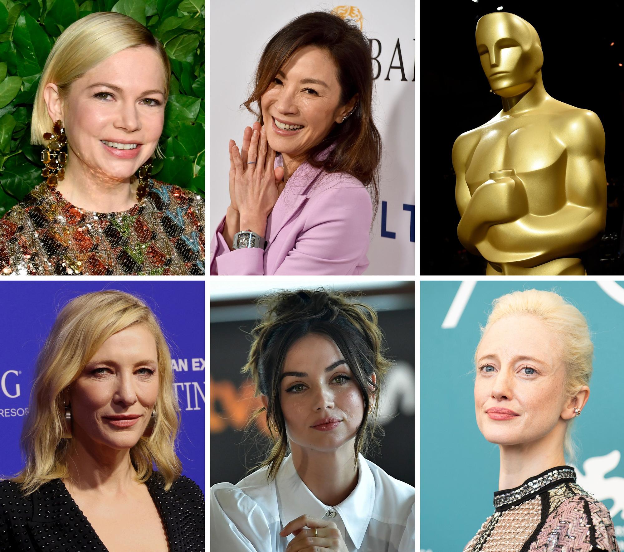 Michelle Williams (Archivfoto vom 28.11.2022, oben, l-r), Michelle Yeoh (Archivfoto vom 14.01.2023), sowie Cate Blanchett (Archivfoto vom 05.01.2023, unten, l-r), Ana de Armas (Archivfoto vom 24.09.2022) und Andrea Riseborough (Archivfoto vom 05.09.2019).