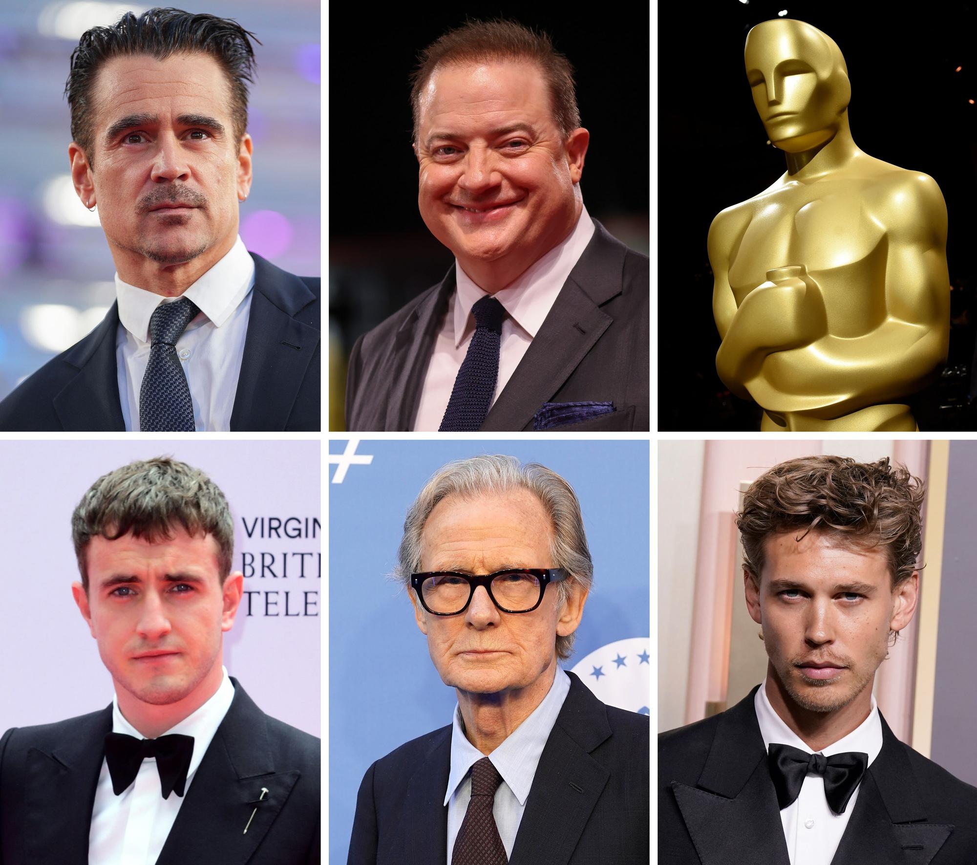 Colin Farrell (Archivfoto vom 13.10.2022, oben, l-r), Brendan Fraser (Archivfoto vom 04.09.2022), sowie Paul Mescal (unten, l-r, Archivfoto vom 06.06.2021), Bill Nighy (Archivfoto vom 24.01.2023) und Austin Butler (Archivfoto vom 10.01.2023).