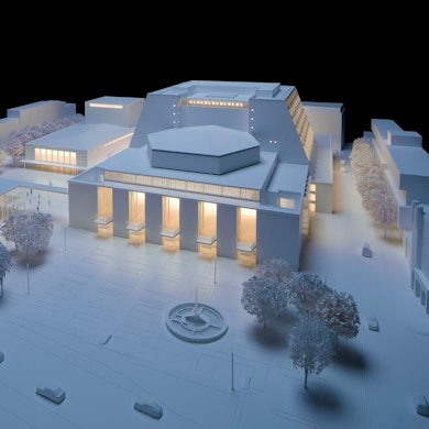 Das Bild zeigt das Architekturmodell: Die große Oper, links hinten das  Schauspielhaus Koeln sowie vorne links das Kleine Haus. Unterirdisch befindet sich die Kinderoper.