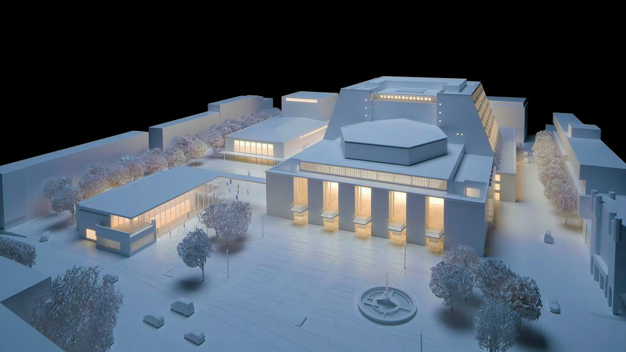 Das Architekturmodell zeigt Oper (Mitte) und Schauspielhaus (hinten links) sowie Kleines Haus (vorne links).
