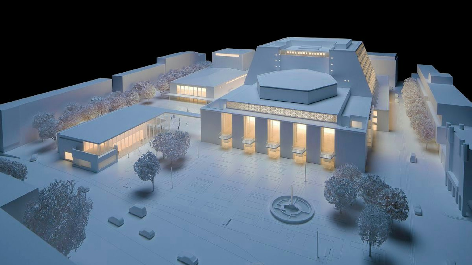 Das Architekturmodell zeigt Oper (Mitte), Schauspielhaus (hinten links) und Kleines Haus (vorne links).