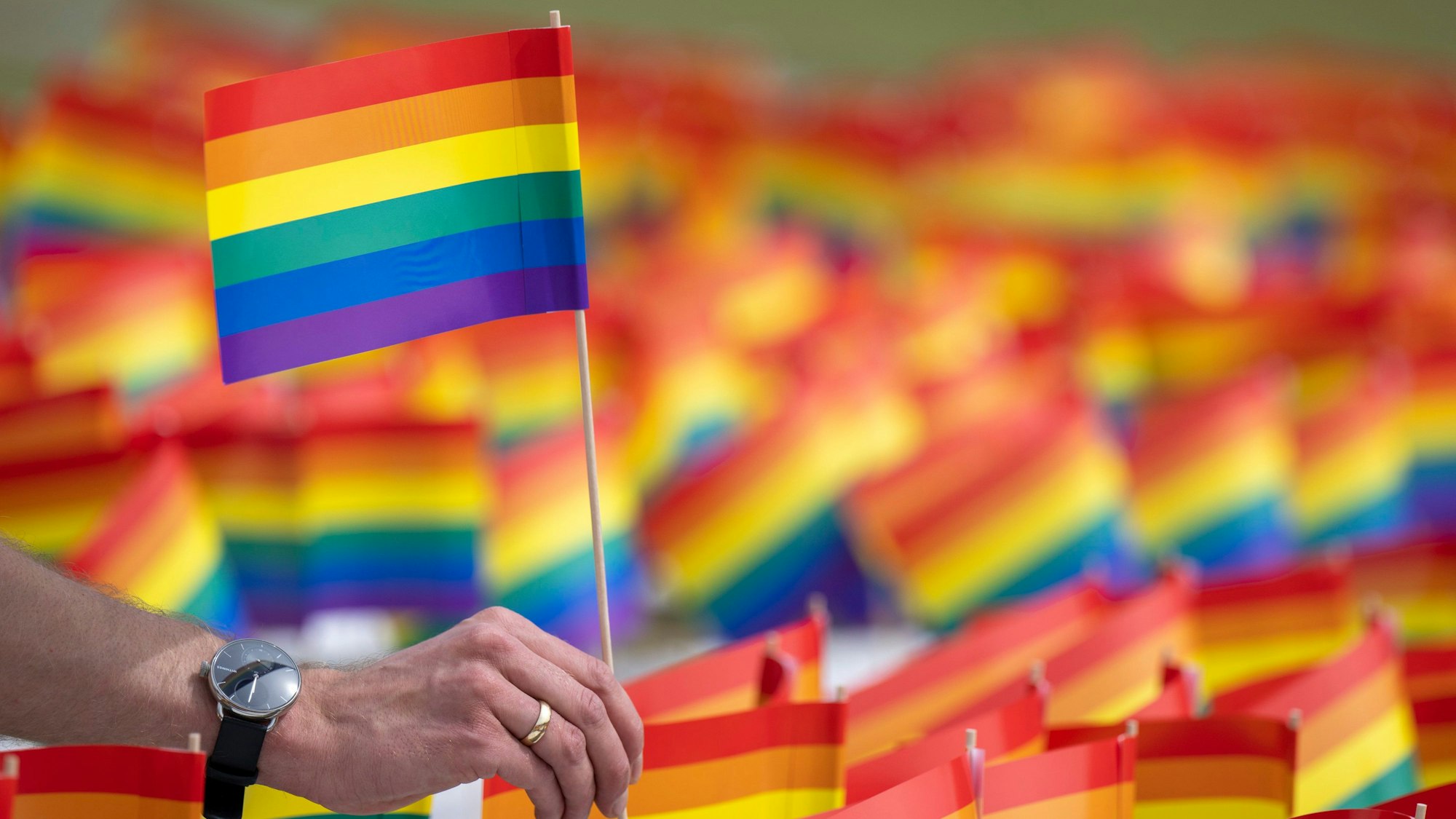 Eine Person hält eine kleine Regenbogen-Flagge, das zeichen der Pride-Bewegung. (Symbolbild)